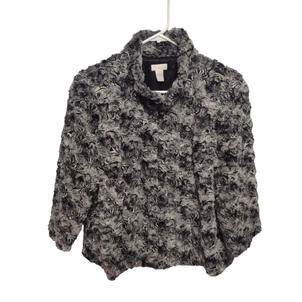 Chico's Faux Fur Swing Jacket Size 2/Medium Mob Wife‎ Cozy Warm Chic